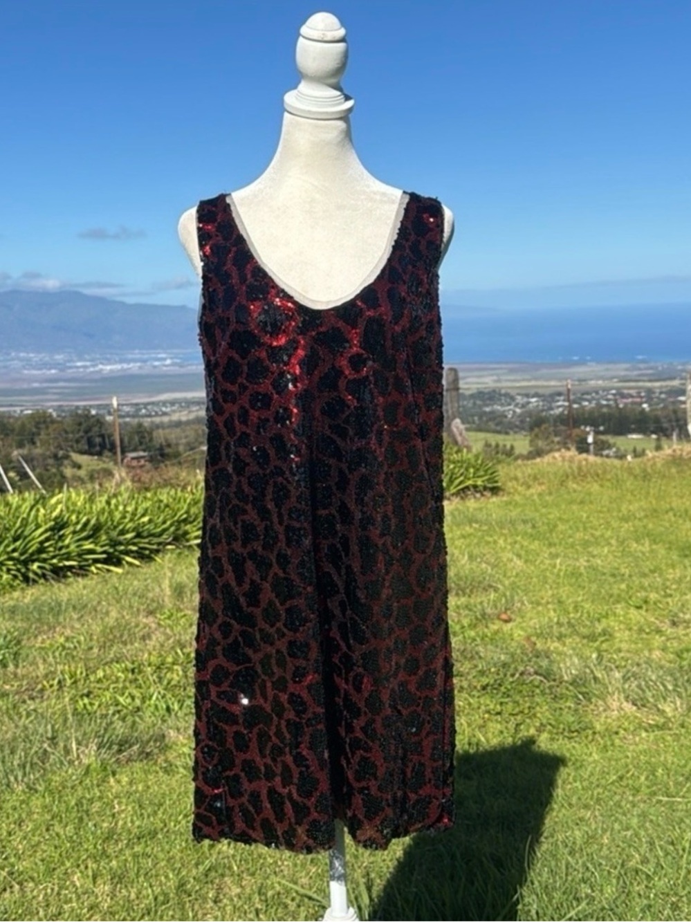 ZARA Dress Leopard Sequin Tank Minidress Red Black Low Back Small
